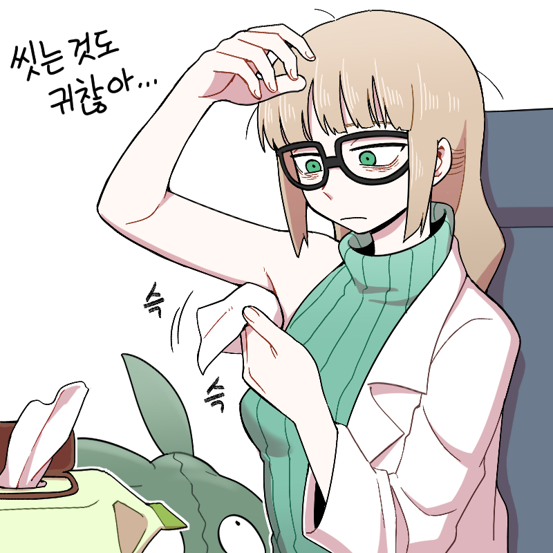1girl aged_down arm_up bad_id bad_pixiv_id bags_under_eyes black-framed_eyewear blonde_hair blunt_bangs chair closed_mouth commentary gen_5_pokemon glasses green_eyes green_sweater holding korean_text lab_coat long_hair looking_down nintendo nutkingcall oleana_(pokemon) outline pokemon pokemon:_twilight_wings pokemon_(anime) pokemon_(creature) ribbed_sweater sidelocks sitting sleeveless sleeveless_sweater sweater tissue tissue_box trubbish white_background