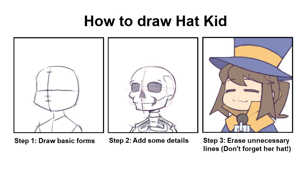 1girl :3 =_= a_hat_in_time brown_hair cape closed_mouth english_text fujimna hat hat_kid how_to jacket multiple_views ponytail purple_hat purple_jacket simple_background skeleton sketch smile top_hat white_background yellow_cape zipper_pull_tab