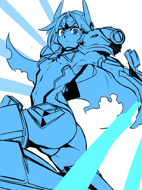 1girl armor ass blazblue blue_eyes blue_theme breasts cape female_focus floating_sword floating_weapon forehead_protector kaneaki_mukku mecha_musume monochrome mu-12 pauldrons serious shoulder_armor small_breasts solo sword