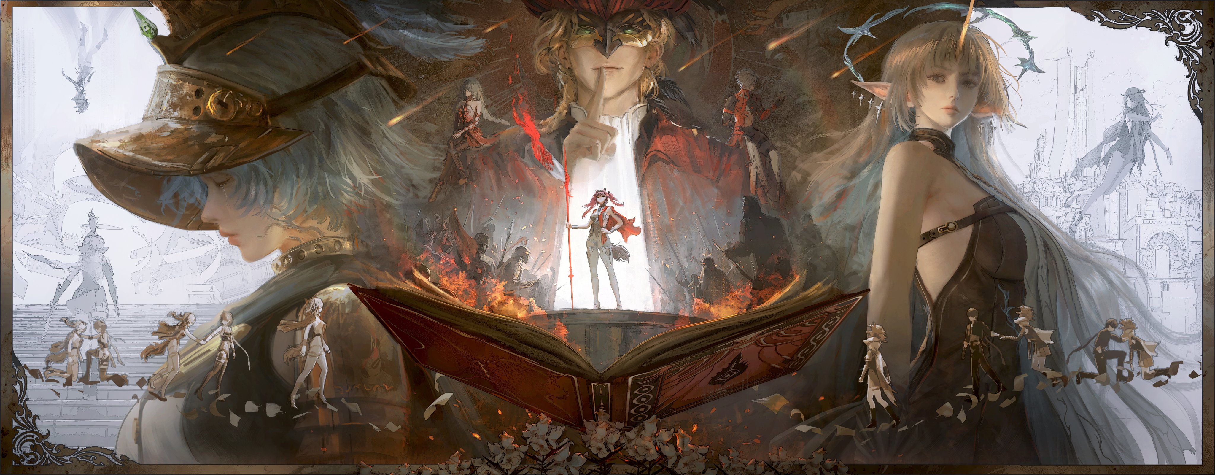 3boys 6+girls absurdres armor bare_shoulders black_dress blonde_hair blue_hair book breasts cartethyia_(wuthering_waves) closed_eyes closed_mouth colored_inner_hair commentary cristoforo_(wuthering_waves) crown_of_thorns dress earrings english_commentary eye_mask female_rover_(wuthering_waves) finger_to_mouth fleurdelys_(wuthering_waves) floating_earrings green_eyes highres holding holding_polearm holding_weapon index_finger_raised jewelry jvn large_breasts long_hair looking_at_viewer lupa_(wuthering_waves) male_rover_(wuthering_waves) multicolored_hair multiple_boys multiple_girls mya_(wuthering_waves) open_book people phrolova_(wuthering_waves) pointy_ears polearm rover_(wuthering_waves) scar_(wuthering_waves) short_hair shushing smile tabard tail very_long_hair weapon white_tabard wolf_tail wuthering_waves