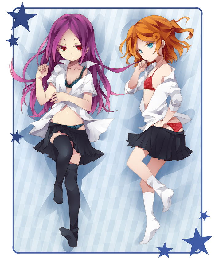 2girls bad_id bad_pixiv_id blue_eyes bra dakimakura_(medium) feet hasuike_an inazuma_eleven inazuma_eleven_(series) kotoko_(oxxxo) legs lingerie long_hair multiple_girls orange_hair panties purple_hair red_eyes school_uniform short_hair socks thighhighs touchi_ai underwear undressing