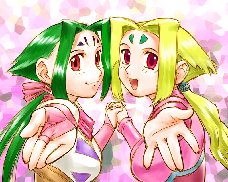 1girl blonde_hair breasts closed_mouth commentary_request dual_persona facial_mark fiona_(zoids) forehead_mark gloves green_hair hair_ribbon long_hair looking_at_viewer open_mouth ponytail red_eyes ribbon shirt smile solo ueyama_michirou very_long_hair zoids zoids_chaotic_century