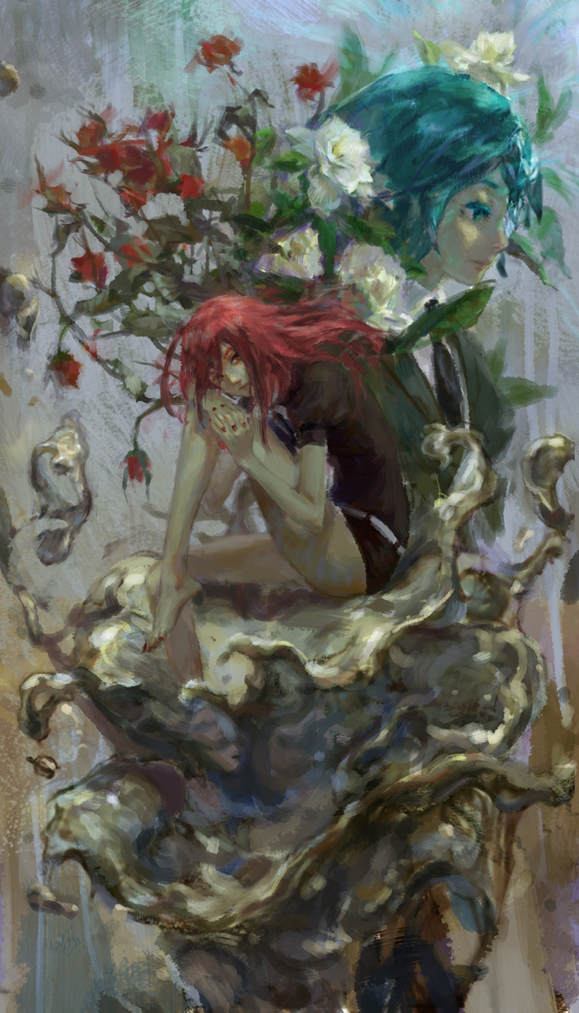 2others black_necktie blue_hair cavehuuu cinnabar_(houseki_no_kuni) colored_eyelashes commentary flower gem_uniform_(houseki_no_kuni) highres houseki_no_kuni long_hair multiple_others necktie phosphophyllite red_eyes red_flower red_hair red_nails white_flower