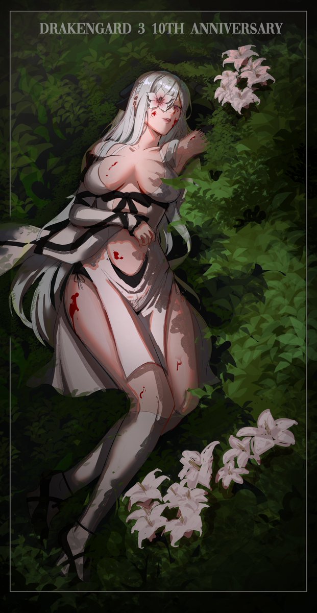 1girl anniversary blood blood_on_breasts blood_on_face blood_on_leg breasts bush closed_eyes commentary drag-on_dragoon drag-on_dragoon_3 dress flower flower_in_eye grey_hair highres kneehighs kowai_(iamkowai) large_breasts lily_(flower) lying on_back side_slit socks solo symbol_in_eye white_dress white_socks zero_(drag-on_dragoon)