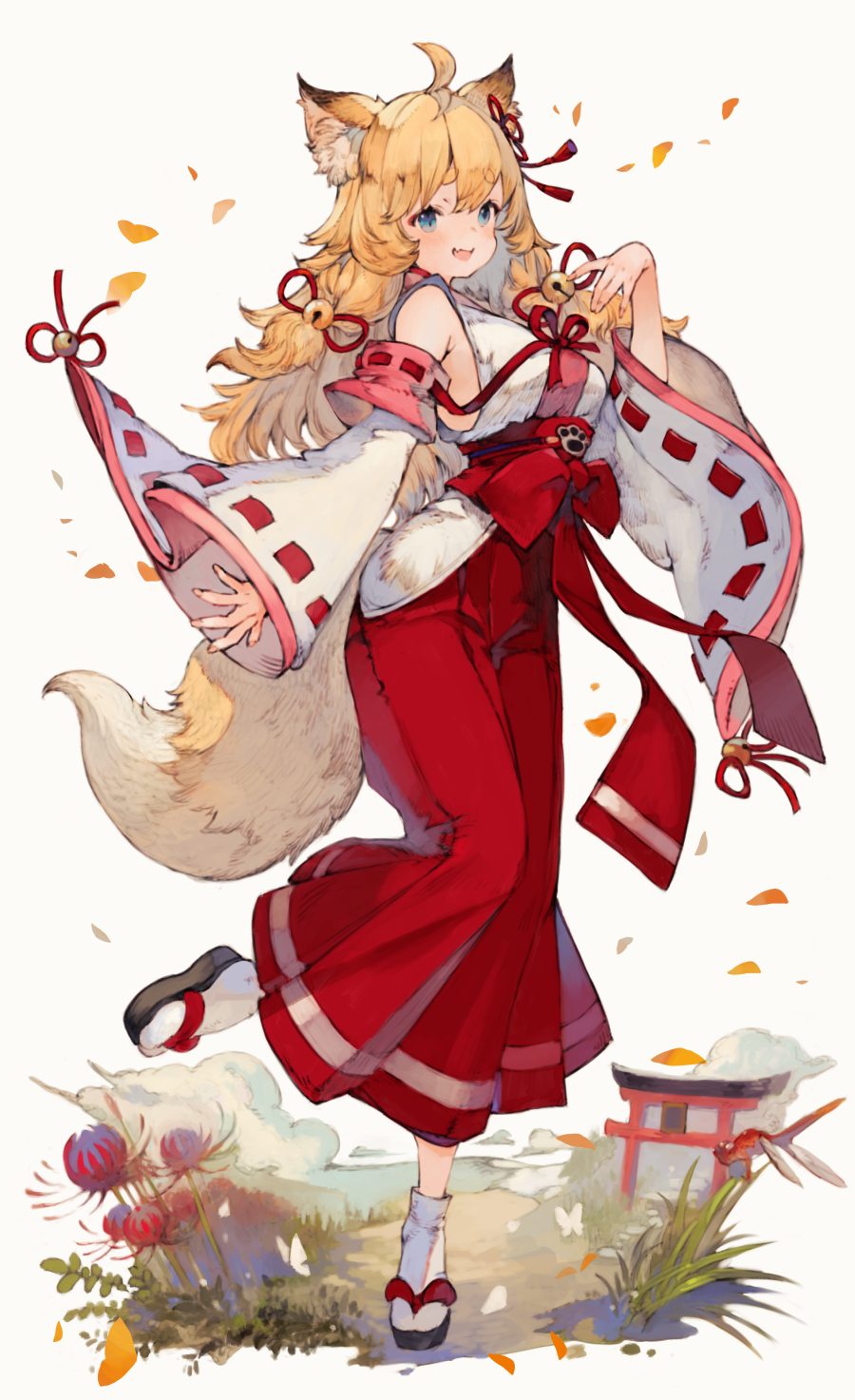 1girl animal_ears bell blonde_hair blue_eyes detached_sleeves fox_ears fox_girl fox_tail hair_ribbon hakama highres japanese_clothes kemomin_nosuke long_hair miko nontraditional_miko okobo open_mouth original platform_sandals red_hakama ribbon sandals socks tail torii white_socks