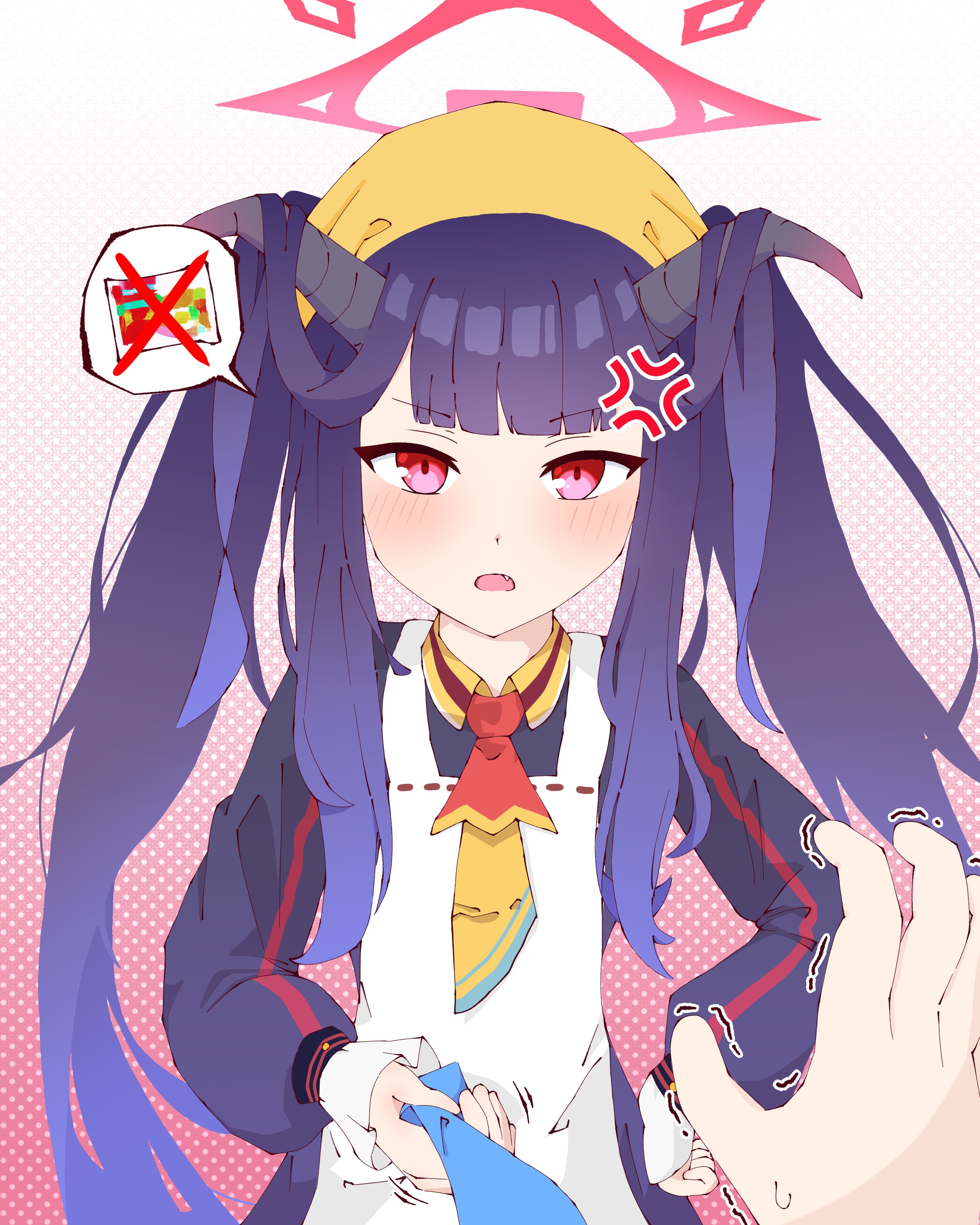 1boy 1girl absurdres anger_vein angry apron black_hair black_serafuku blue_archive blue_necktie blunt_bangs clothes_grab commentary demon_girl demon_horns fang fuuka_(blue_archive) halo hamuhamuid hand_on_own_hip headscarf highres horns indomie_(brand) instant_ramen long_hair long_sleeves looking_at_viewer necktie necktie_grab neckwear_grab out_of_frame pack_noodles pov red_eyes school_uniform sensei_(blue_archive) serafuku sidelocks simple_background spoken_object sweatdrop trembling white_apron yellow_headscarf yellow_headwear