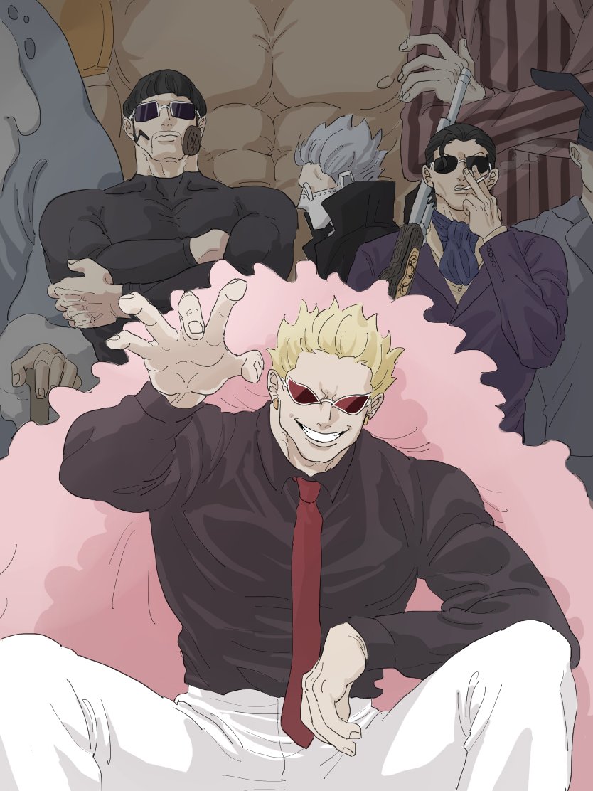 6+boys black_hair black_shirt blonde_hair blue_neckerchief cigarette coat crossed_arms diamante_(one_piece) donquixote_doflamingo earrings facial_hair feather_coat food food_on_face formal_clothes gladius_(one_piece) goggles grey_shirt gun high_collar holding holding_cigarette holding_gun holding_staff holding_weapon jewelry lao_g_(one_piece) looking_at_viewer male_focus mask mouth_mask multiple_boys muscular muscular_male mustache_stubble neckerchief necktie one_piece outstretched_arm pants pica_(one_piece) pink_coat purple_suit rabbit_mask red_necktie senor_pink shirt short_hair shuugo_sipda sideburns smile smoking squatting staff stubble suit sunglasses trebol_(one_piece) vergo_(one_piece) weapon white_pants