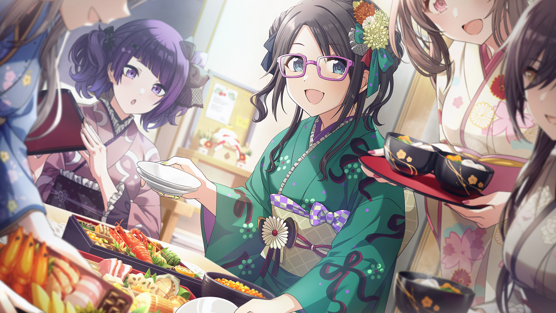 bento blue_eyes bow bowl food game_cg glasses highres holding idolmaster idolmaster_shiny_colors idolmaster_shiny_colors_song_for_prism japanese_clothes kimono mitsumine_yuika nail_polish official_art open_mouth plate purple_eyes purple_hair sash shirase_sakuya steam tanaka_mamimi tsukioka_kogane twintails