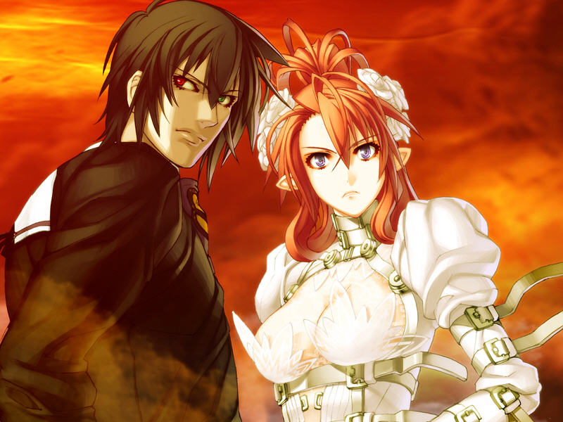 1boy 1girl alternate_costume black_hair breasts game_cg ignis_(jingai_makyou) jingai_makyou multicolored_eyes nitroplus ponytail purple_eyes red_hair short_hair