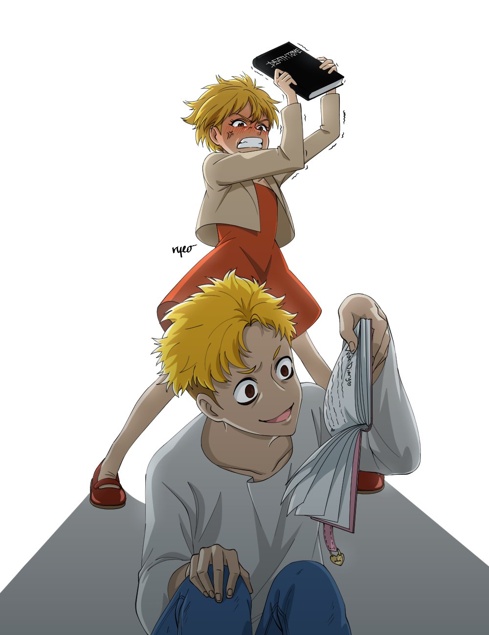 1boy 1girl anger_vein angry animification artist_name bags_under_eyes bare_legs bart_simpson blonde_hair blush book brother_and_sister brown_eyes clenched_teeth collarbone cosplay death_note death_note_(object) death_tome denim diary dress embarrassed empty_eyes full-face_blush full_body head_tilt highres holding holding_book imminent_hit jeans l_(death_note) l_(death_note)_(cosplay) lisa_simpson long_sleeves mary_janes pants parody reading red_dress red_footwear ryeo shirt shoes siblings signature simple_background strapless strapless_dress teasing teeth the_simpsons treehouse_of_horror trembling trolling wavy_hair white_background white_shirt yagami_light yagami_light_(cosplay)