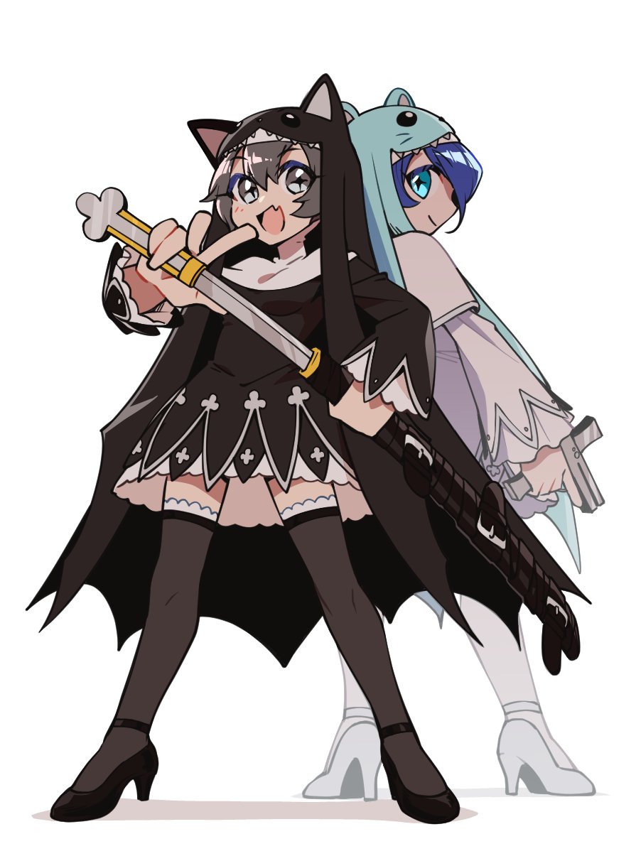 2girls back-to-back black_dress black_thighhighs blue_eyes blue_hair cross-shaped_pupils digimon digimon_(creature) digua92537359 dress full_body grey_eyes grey_hair gun highres holding holding_gun holding_sword holding_weapon katana multiple_girls nun simple_background sistermon_ciel sistermon_noir sword symbol-shaped_pupils thighhighs weapon weapon_switch white_background white_dress white_thighhighs