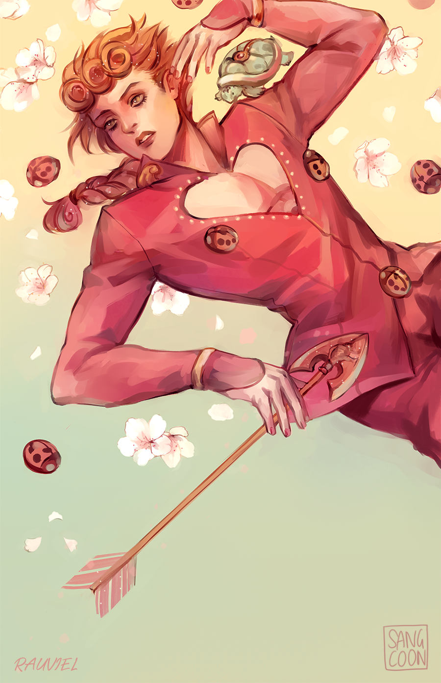 1boy arrow_(jojo) arrow_(projectile) artist_collaboration artist_name blonde_hair braid bug coco_jumbo flower giorno_giovanna highres insect jojo_no_kimyou_na_bouken ladybug male_focus parted_lips petals rauviel sangcoon signature single_braid solo turtle vento_aureo yellow_eyes