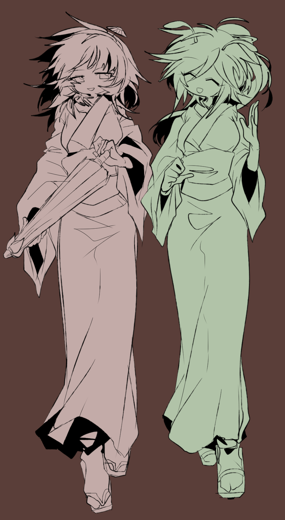 2girls alternate_hair_length alternate_hairstyle amanomiya_jun amanomori_shou antennae breasts brown_background closed_eyes closed_umbrella commentary english_commentary full_body genderswap genderswap_(otf) hairband hand_up highres holding holding_umbrella japanese_clothes kimono len&#039;en ling_s long_hair medium_breasts multiple_girls multiple_monochrome no_nose obi open_mouth ponytail sandals sash simple_background smile umbrella umbrella_hair_ornament zouri