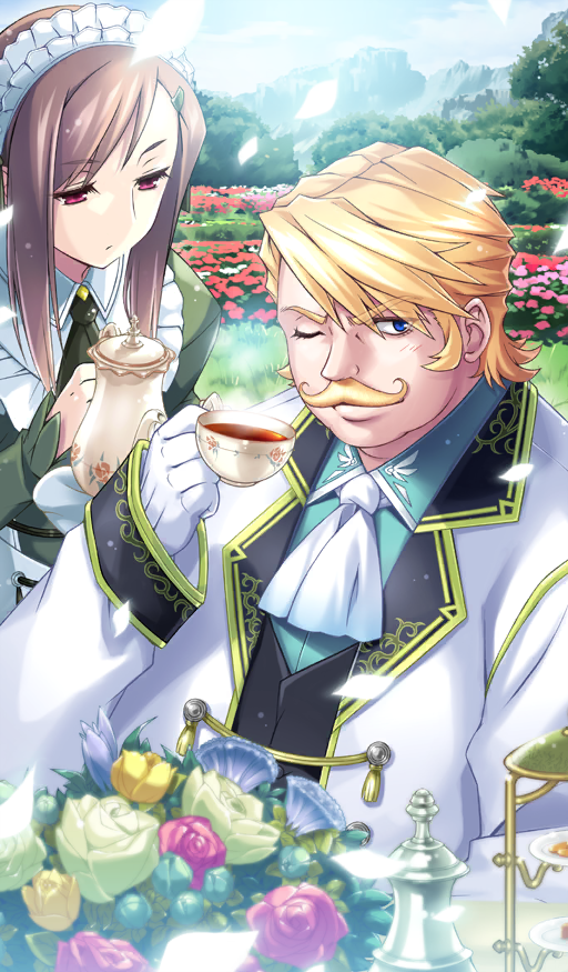 1boy 1girl aqua_shirt ascot asymmetrical_bangs black_(artist) black_necktie black_vest blonde_facial_hair blonde_hair blue_flower blue_sky blush brown_hair colored_lapels commentary cup day dress_shirt drink expressionless facial_hair fat fat_man fate/grand_order fate_(series) flower flower_request gloves goredolf_musik grass green_flower green_shirt hair_ornament hairclip holding holding_cup holding_teapot jacket leaning_forward light_particles long_sleeves looking_to_the_side maid maid_headdress male_focus mustache necktie official_art one_eye_closed outdoors parted_bangs petals pink_flower red_eyes shirt short_hair sidelocks sitting sky smile standing steam sunlight tailcoat teacup teapot third-party_source tiered_tray toole_iv_(fate) tree upper_body vest white_ascot white_gloves white_jacket white_shirt yellow_flower