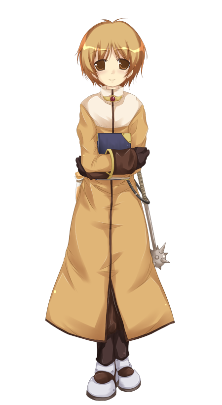 1boy acolyte_(ragnarok_online) armored_boots blonde_hair blush book boots brown_eyes brown_gloves brown_pants cassock crossed_arms full_body gloves holding holding_book large_variant_set long_sleeves looking_at_viewer mace male_focus official_art pants ragnarok:_guild_masters ragnarok_online short_hair simple_background solo spiked_mace spikes standing transparent_background variant_set weapon yumesato_makura