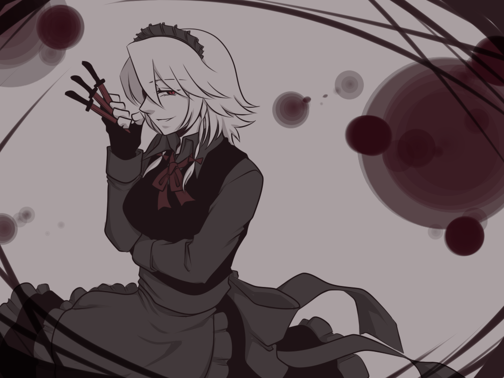 1girl commentary_request fingerless_gloves gloves greyscale izayoi_sakuya knife long_hair looking_at_viewer maid maid_headdress monochrome neko_majin red_eyes short_hair solo touhou upper_body