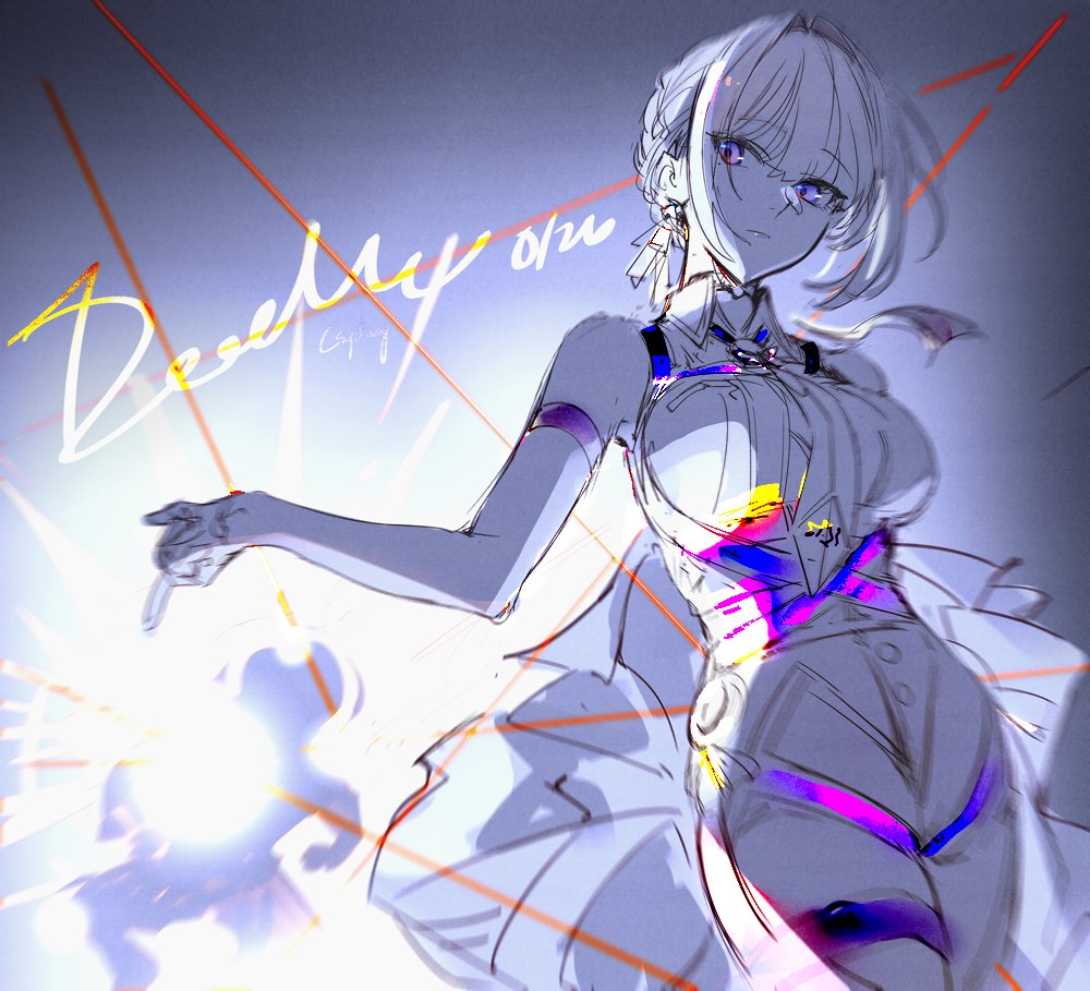 1girl bare_shoulders blurry braid breasts chest_harness collared_shirt cowboy_shot csyday depth_of_field earrings evelyn_chevalier hair_intakes harness high-waist_pants jacket jewelry necktie pants purple_eyes shirt signature string tight_clothes tight_pants zenless_zone_zero