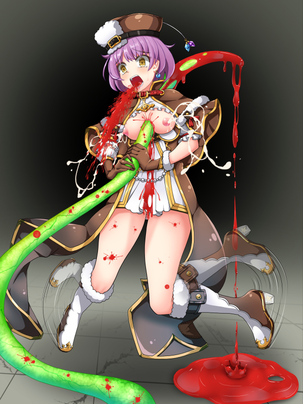 1girl arch_mage_(ragnarok_online) blood blood_splatter blush boots breasts brown_boots brown_capelet brown_gloves brown_hat capelet commentary_request cra4 death dress earrings eye_brooch full_body fur-trimmed_boots fur_trim gloves gold_trim grey_background guro hat high_heels jewelry lactation medium_breasts multicolored_boots nipples open_mouth purple_hair ragnarok_online short_hair solo sphere_earrings spitting spitting_blood tentacles two-tone_boots white_boots white_dress yellow_eyes