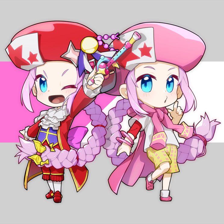 1boy arm_up ascot blue_eyes bracelet braid chibi chibi_only classicaloid coat commentary conductor_baton gamubanku hat holding_baton jacket_around_neck jewelry long_braid long_hair looking_at_viewer multiple_views one_eye_closed open_mouth pink_hair pink_hat pink_shoes red_coat red_shoes shirt shoes shorts very_long_hair white_shirt wolfgang_amadeus_mozart_(classicaloid) yellow_shorts