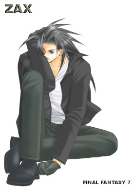 1boy alternate_costume black_gloves black_hair black_jacket black_pants black_shoes blue_eyes character_name copyright_name covering_one_eye crossed_legs earrings final_fantasy final_fantasy_vii full_body gloves jacket jewelry knee_up leaning_forward light_smile long_hair long_sleeves lowres male_focus open_clothes open_jacket pants parted_bangs rendezvous shirt shoes sitting spiked_hair stud_earrings third-party_source white_background white_shirt zack_fair