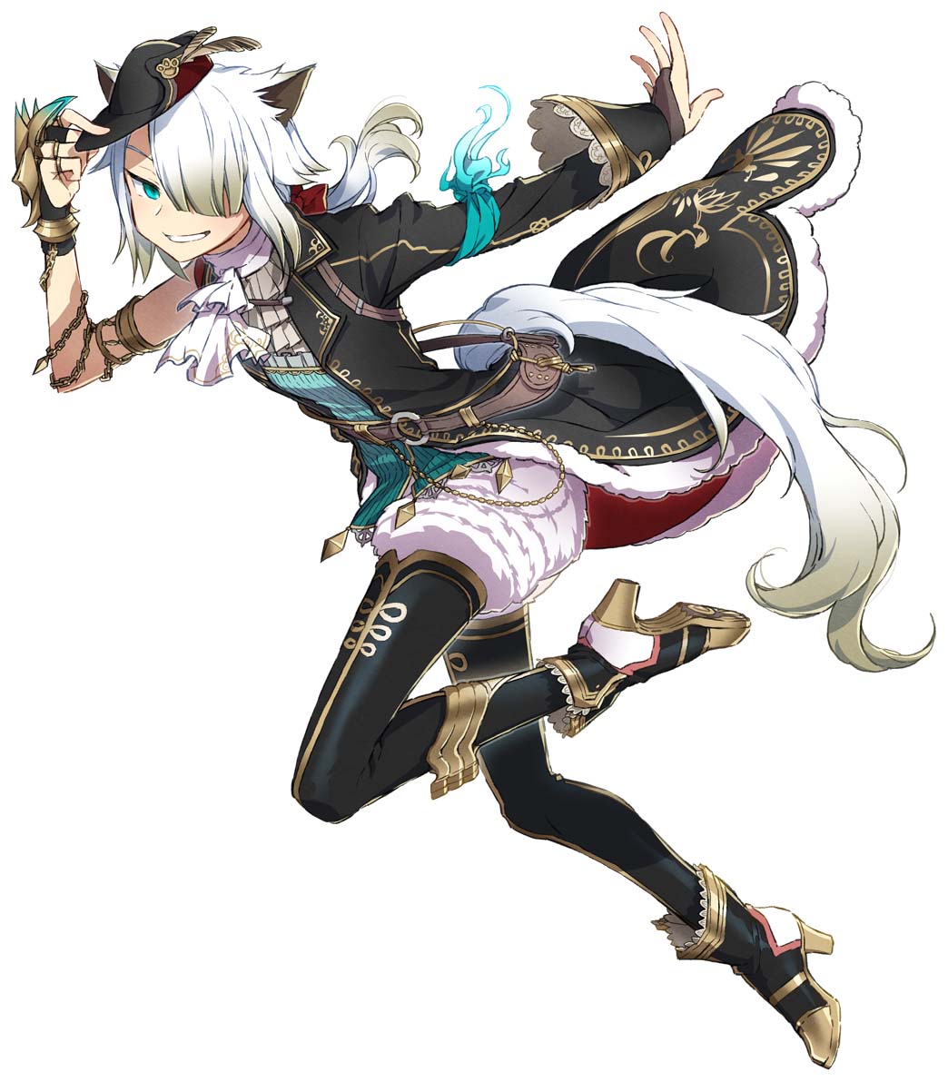 1girl animal_ears aqua_armband aqua_eyes aqua_shirt armband ascot asymmetrical_sleeves belt boots bridal_gauntlets brown_hair cat_ears coat flat_chest full_body fur-trimmed_coat fur_shorts fur_trim gold_trim gradient_hair grin hair_over_one_eye hat high_heel_boots high_heels holding holding_unworn_clothes holding_unworn_hat low_ponytail mini_hat multicolored_hair nakbe official_art open_clothes open_coat outstretched_arm outstretched_hand ponytail running shirt simple_background single_bare_arm single_sleeve smile solo standing standing_on_one_leg tachi-e tail thighhighs third-party_source unworn_hat unworn_headwear white_ascot white_background white_cat_(ys) white_hair ys ys_ix:_monstrum_nox