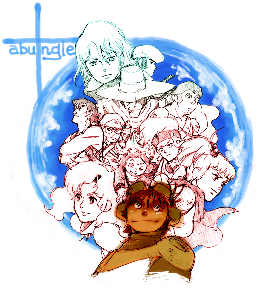 1980s_(style) arthur_rank beret blume brown_hair chill cotsett_memuma daiku elchi_cargo fatman_(xabungle) goggles hat jiron_amos multiple_boys multiple_girls retro_artstyle overseer_biel rag_uralo retro_artstyle sentou_mecha_xabungle timp_sharon