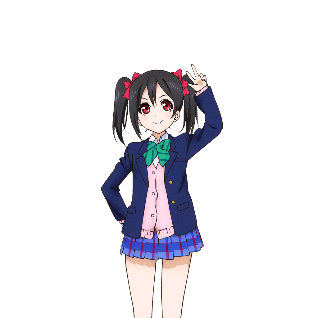 1girl arm_behind_back arm_up black_hair blazer blue_jacket blue_skirt blush bow bowtie closed_mouth cowboy_shot diagonal-striped_bow diagonal-striped_bowtie diagonal-striped_clothes dress_shirt green_bow green_bowtie hair_bow jacket long_sleeves love_live! love_live!_school_idol_festival love_live!_school_idol_project miniskirt official_art otonokizaka_school_uniform plaid_clothes plaid_skirt pleated_skirt red_bow red_eyes school_uniform shirt skirt smile solo standing striped_clothes transparent_background twintails w white_shirt winter_uniform yazawa_nico
