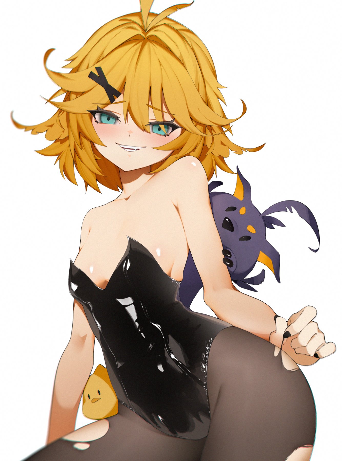 1girl antenna_hair bare_arms bare_shoulders black_leotard black_nails blonde_hair blue_eyes breasts commentary cowboy_shot doki_amber_doge_(dokibird) dokibird_(vtuber) dokibird_(vtuber)_(bounty_hunter) dragoon_(dokibird) flipped_hair grey_pantyhose grin hair_ornament highres indie_virtual_youtuber leotard looking_at_viewer oversized_breast_cup pantyhose playboy_bunny rieko_(kuusairieko) short_hair simple_background small_breasts smile solo strapless strapless_leotard torn_clothes torn_pantyhose tsurime virtual_youtuber white_background x_hair_ornament