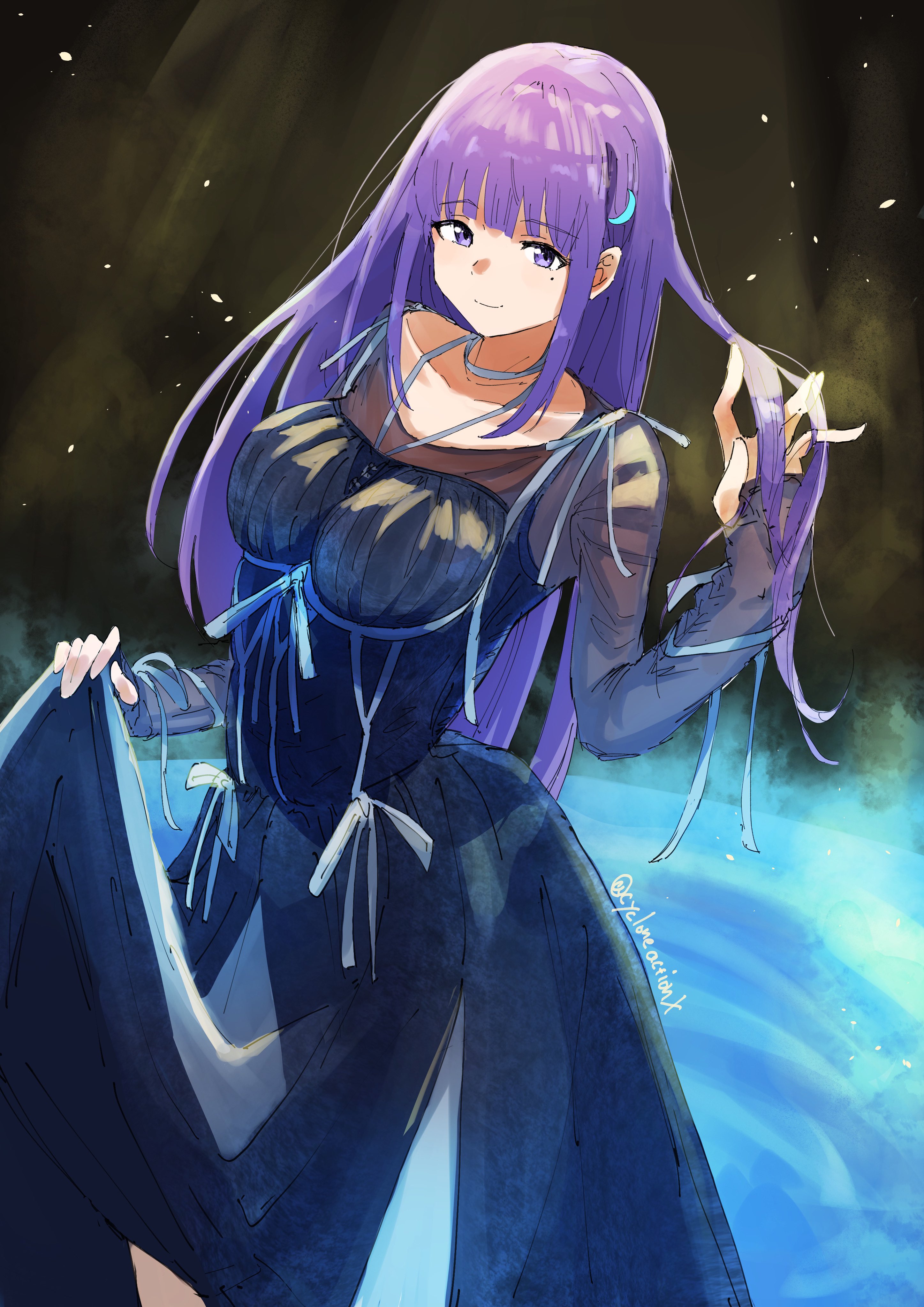1girl 22/7 absurdres artist_name ato_de_wakaru_koto center-flap_bangs collarbone cycloneactionx dress dutch_angle fanged_bangs feet_out_of_frame hair_ornament highres holding holding_own_hair ichinose_hotaru long_hair long_sleeves looking_down mole mole_under_eye purple_eyes purple_hair ribbon see-through_clothes see-through_sleeves skirt_hold smile solo standing water white_ribbon