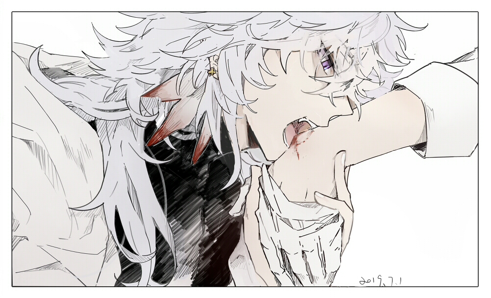 2boys bite_mark bite_mark_on_hand blood border dated earrings fangs fate/grand_order fate_(series) flower_earrings gloves hair_between_eyes hand_grab hood hood_down hooded_robe jewelry long_hair long_sleeves looking_down male_focus merlin_(fate) multiple_boys open_mouth robe romani_archaman ruoyin simple_background white_background white_border white_gloves white_hair white_robe yaoi