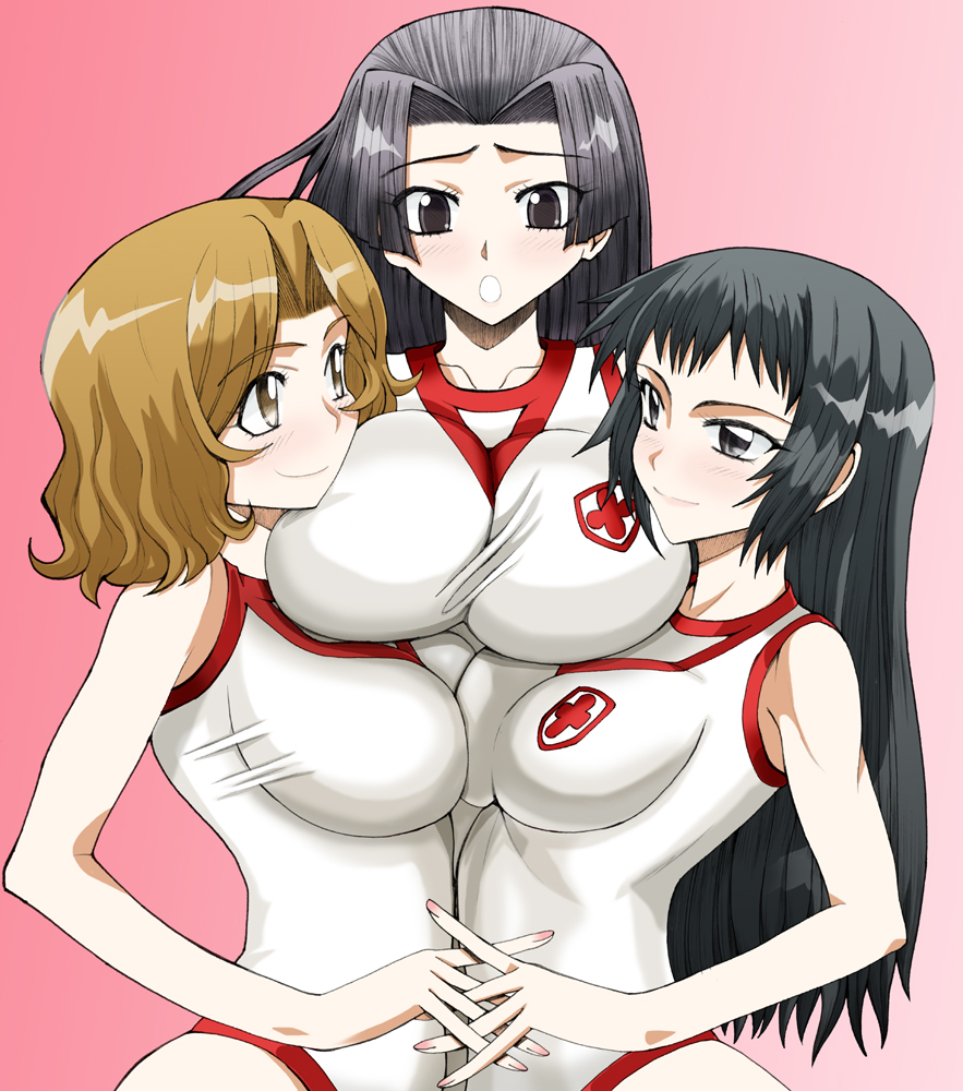 3girls alternate_breast_size asymmetrical_docking awatsuki_maaya bare_arms bare_shoulders black_eyes black_hair breast_press breasts brown_eyes brown_hair closed_mouth commentary_request crossed_fingers emblem gorigori222 gradient_background gym_shirt kongou_mitsuko large_breasts light_blush long_hair looking_at_another medium_hair multiple_girls open_mouth pink_background school_emblem shirt sleeveless sleeveless_shirt smile toaru_kagaku_no_railgun toaru_kagaku_no_railgun_t toaru_majutsu_no_index tokiwadai_school_gym_uniform upper_body wannai_kinuho white_shirt yuri