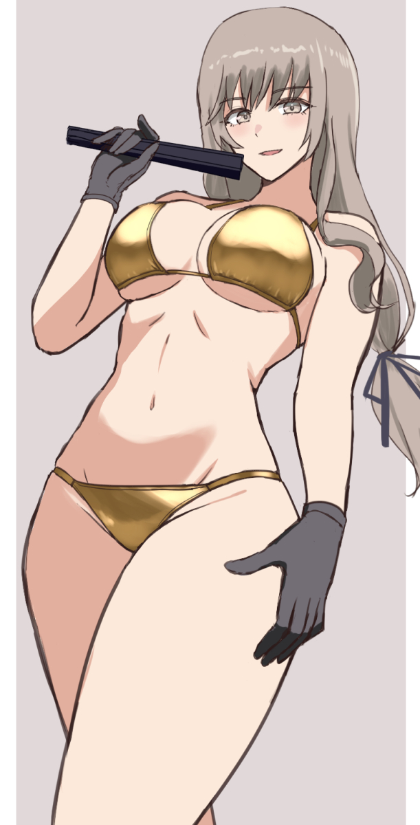 1girl bikini blush breasts brown_eyes brown_hair folded_fan folding_fan girls_und_panzer gloves gold_bikini hand_fan highres holding large_breasts long_hair looking_at_viewer mature_female mayomaru1 navel shimada_chiyo simple_background solo standing swimsuit