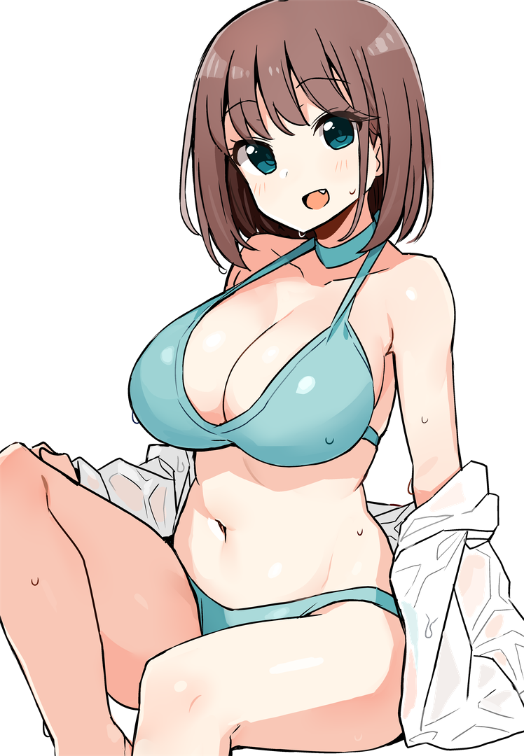 1girl :d aqua_bikini aqua_choker aqua_eyes bare_arms bare_legs bare_shoulders bikini blush breasts brown_hair choker cleavage collarbone fang female_focus groin halterneck head_tilt invisible_chair jacket knee_up large_breasts legs long_sleeves looking_at_viewer navel neck off_shoulder open_clothes open_jacket open_mouth saki_(manga) shisoneri short_hair sidelocks simple_background sitting smile solo stomach sweat swimsuit thighs unozawa_shiori wet wet_clothes white_background white_jacket