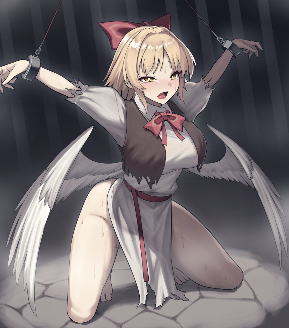1girl arms_up black_vest blonde_hair bow bowtie breasts chained_wrists commentary_request cropped_vest crying crying_with_eyes_open cuffs dress feathered_wings gengetsu_(touhou) hair_bow jony_(avion_mura) kneeling large_breasts low_wings open_mouth outstretched_arms red_bow red_bowtie shackles solo spread_arms tears torn_clothes torn_dress torn_vest touhou vest white_dress white_wings wings yellow_eyes