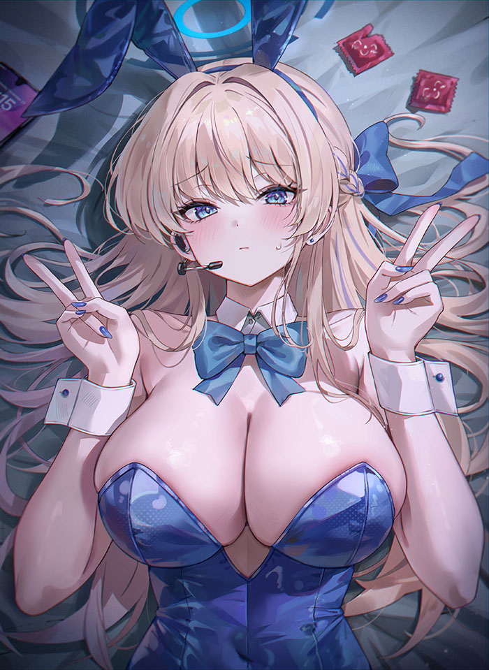 1girl animal_ears bare_arms bare_shoulders bed_sheet blonde_hair blue_archive blue_bow blue_bowtie blue_eyes blue_hairband blue_leotard blue_nails bow bowtie braid breasts cleavage closed_mouth condom covered_navel detached_collar double_v earpiece fake_animal_ears frown hair_bow hair_spread_out hairband halo hands_up large_breasts leotard lying mrr_05 nail_polish official_alternate_costume on_back playboy_bunny rabbit_ears shadow skindentation solo strapless strapless_leotard sweatdrop toki_(blue_archive) toki_(bunny)_(blue_archive) upper_body v wrist_cuffs
