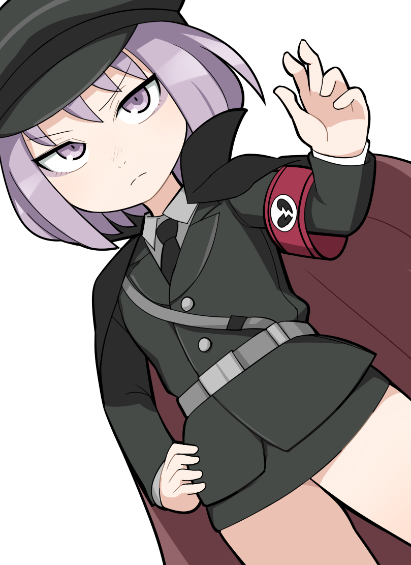 1girl armband belt black_cloak black_hat black_jacket black_necktie black_skirt broken_heart_print brown_cloak buttons cloak closed_mouth collared_shirt commentary_request cookie_(touhou) cowboy_shot dutch_angle flat_chest frown geru_futota grey_belt hand_on_own_hip hat hospital_king jacket long_sleeves military military_hat military_uniform miniskirt necktie purple_eyes purple_hair remilia_scarlet shirt short_hair simple_background skirt solo split_mouth touhou two-sided_cloak two-sided_fabric white_background white_shirt