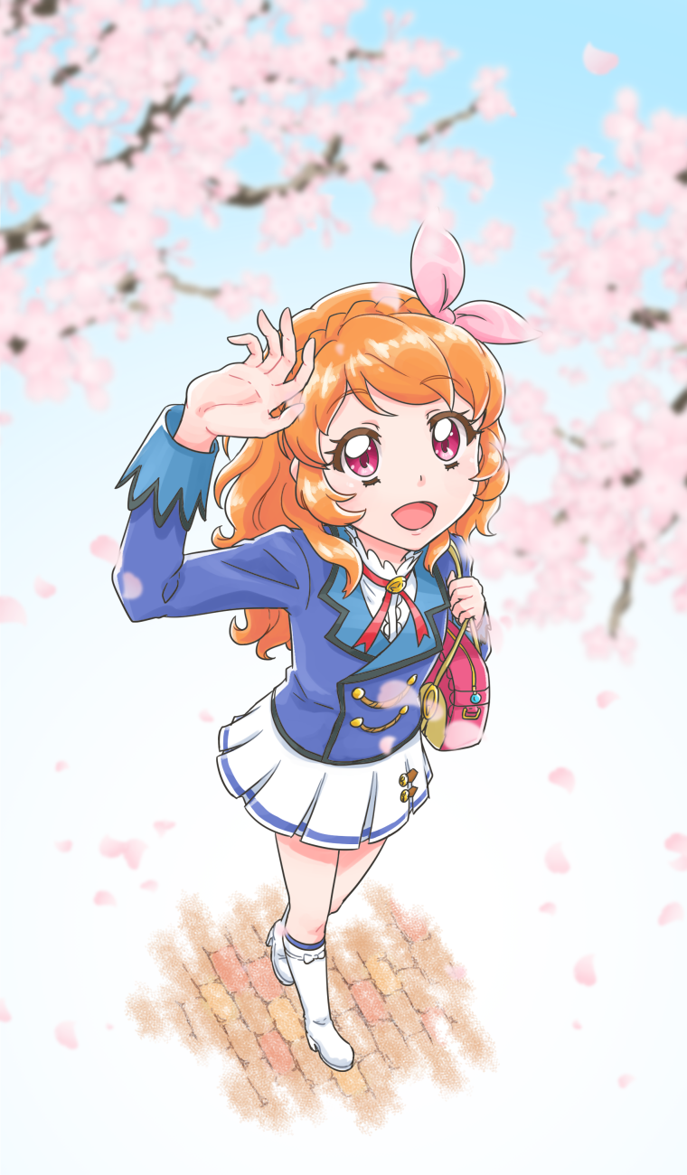 1girl :d aikatsu!_(series) arm_up bag blue_jacket blurry blurry_foreground boots bow braid cherry_blossoms commentary_request crown_braid depth_of_field foreshortening from_above high_heel_boots high_heels highres jacket knee_boots kurorook long_hair looking_at_viewer looking_up neck_ribbon open_mouth orange_hair outdoors ozora_akari petals pink_bow pink_eyes pleated_skirt red_ribbon ribbon school_bag school_uniform shirt shoulder_bag single_stripe skirt smile solo spring_(season) starlight_academy_school_uniform tile_floor tiles tree walking wavy_hair white_boots white_shirt white_skirt