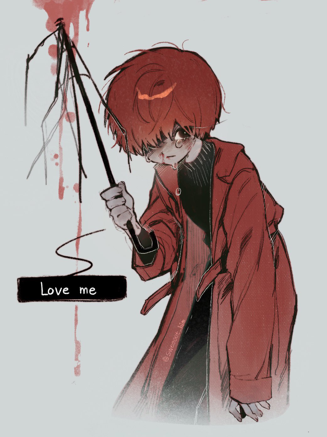 1boy black_sweater blood broken broken_umbrella brown_eyes coat crying english_text grey_background highres holding holding_umbrella homicipher looking_at_viewer male_focus mr._scarletella nosebleed open_clothes open_coat red_coat red_hair short_hair simple_background solo sweater sweeeet_him turtleneck turtleneck_sweater umbrella