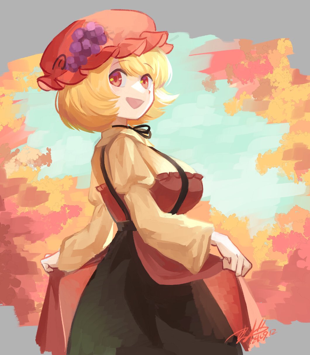 1girl aki_minoriko apron blonde_hair hat highres looking_back red_apron red_eyes red_hat shikido_(khf) shirt smile solo touhou wide_sleeves yellow_shirt
