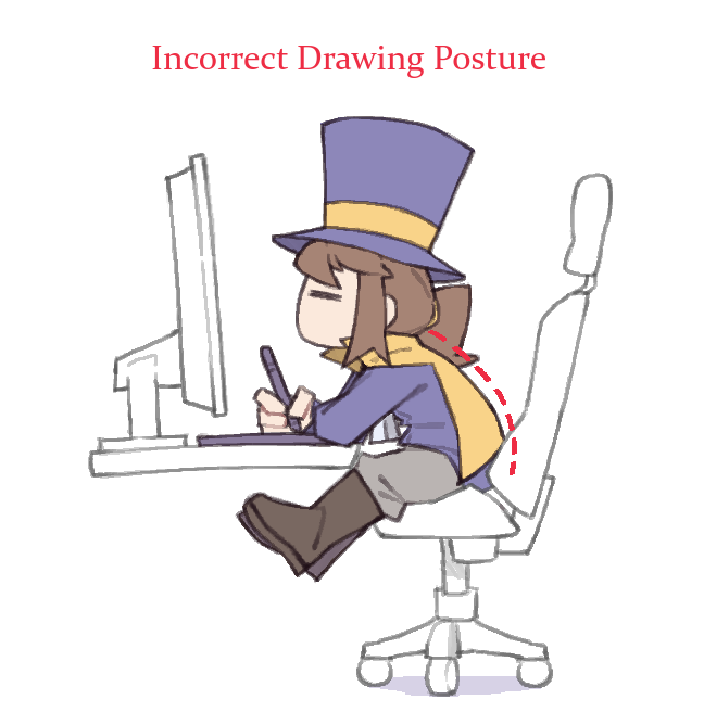 1girl a_hat_in_time boots brown_boots brown_hair cape child commentary correct_gaming_posture_(meme) drawing_(action) drawing_tablet english_text from_side fujimna grey_pants hair_tie hat hat_kid hat_ribbon jacket knee_boots long_sleeves meme monitor no_mouth pants ponytail purple_hat purple_jacket ribbon sidelocks sitting solo stylus swivel_chair symbol-only_commentary top_hat yellow_cape yellow_ribbon zipper_pull_tab