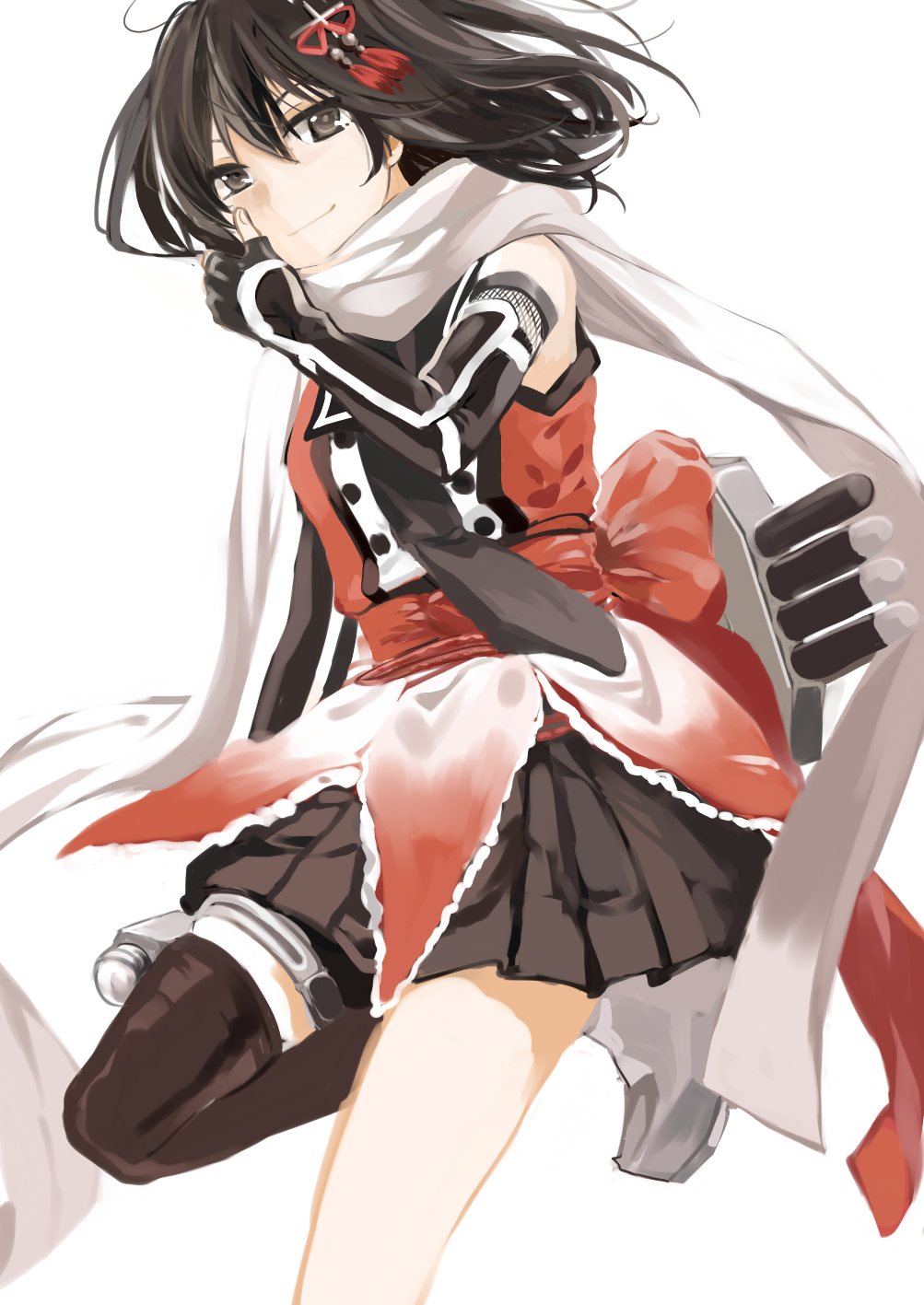 10s 1girl brown_eyes brown_hair elbow_gloves female_focus gloves highres kantai_collection scarf school_uniform sendai_(kancolle) sendai_kai_ni_(kancolle) serafuku short_hair smile solo two_side_up zgxuke