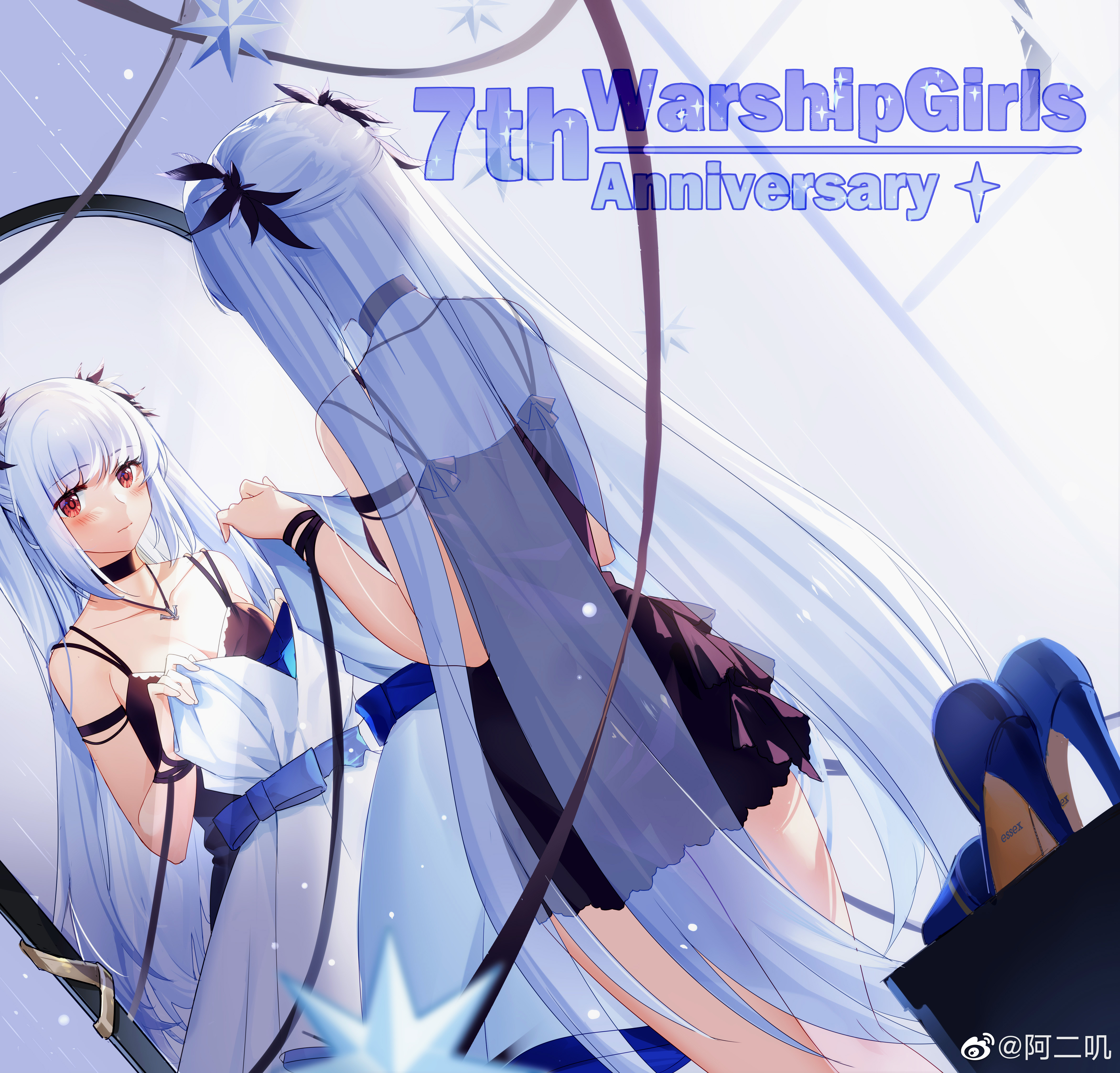 1girl absurdres aer_(tengqiu) bare_shoulders black_choker black_dress blunt_bangs blush breasts choker cleavage collarbone dress dutch_angle essex_(warship_girls_r) feet_out_of_frame hair_ornament high_heels highres holding jewelry long_hair looking_at_viewer medium_breasts mirror necklace official_alternate_costume red_eyes reflection ribbon sleeveless sleeveless_dress solo spaghetti_strap standing thighs two_side_up very_long_hair warship_girls_r watermark weibo_watermark white_dress white_hair