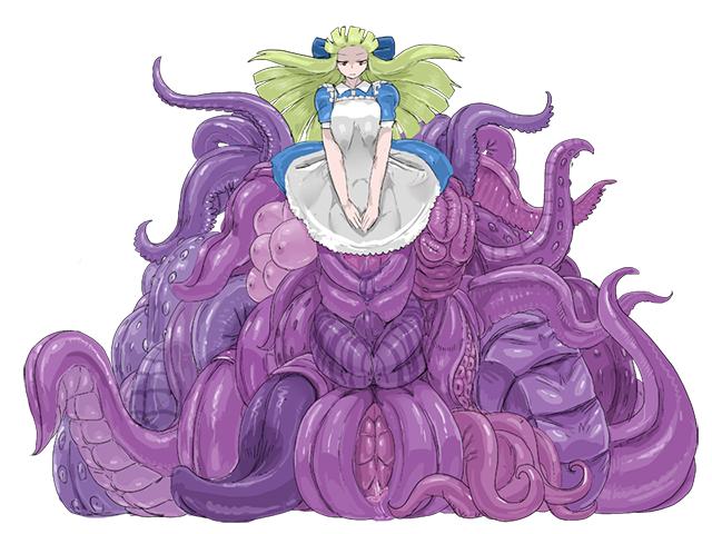 1girl apron black_alice_(mon-musu_quest!) black_alice_(second_form) blue_dress blue_ribbon breasts closed_mouth dress eldritch_abomination expressionless extra_breasts floating_hair frilled_apron frills game_cg green_hair hair_ribbon hime_cut large_breasts long_hair mon-musu_quest! mon-musu_quest:_paradox monster_girl nose partially_shaded_face puffy_short_sleeves puffy_sleeves red_eyes ribbon scylla setouchi_(blackse) short_sleeves tentacles variant_set