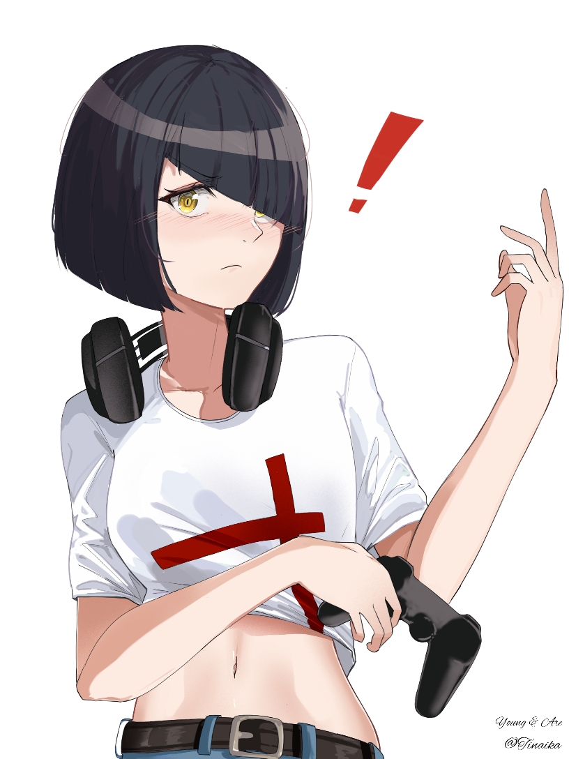 ! 1girl artist_name belt black_hair blush bob_cut breasts controller diagonal_bangs game_controller gamepad headset headset_removed holding_controller holding_game_controller komi-san_wa_komyushou_desu medium_breasts midriff nakanaka_omoharu one_eye_covered shirt short_hair simple_background t-shirt tinaika white_background white_shirt yellow_eyes