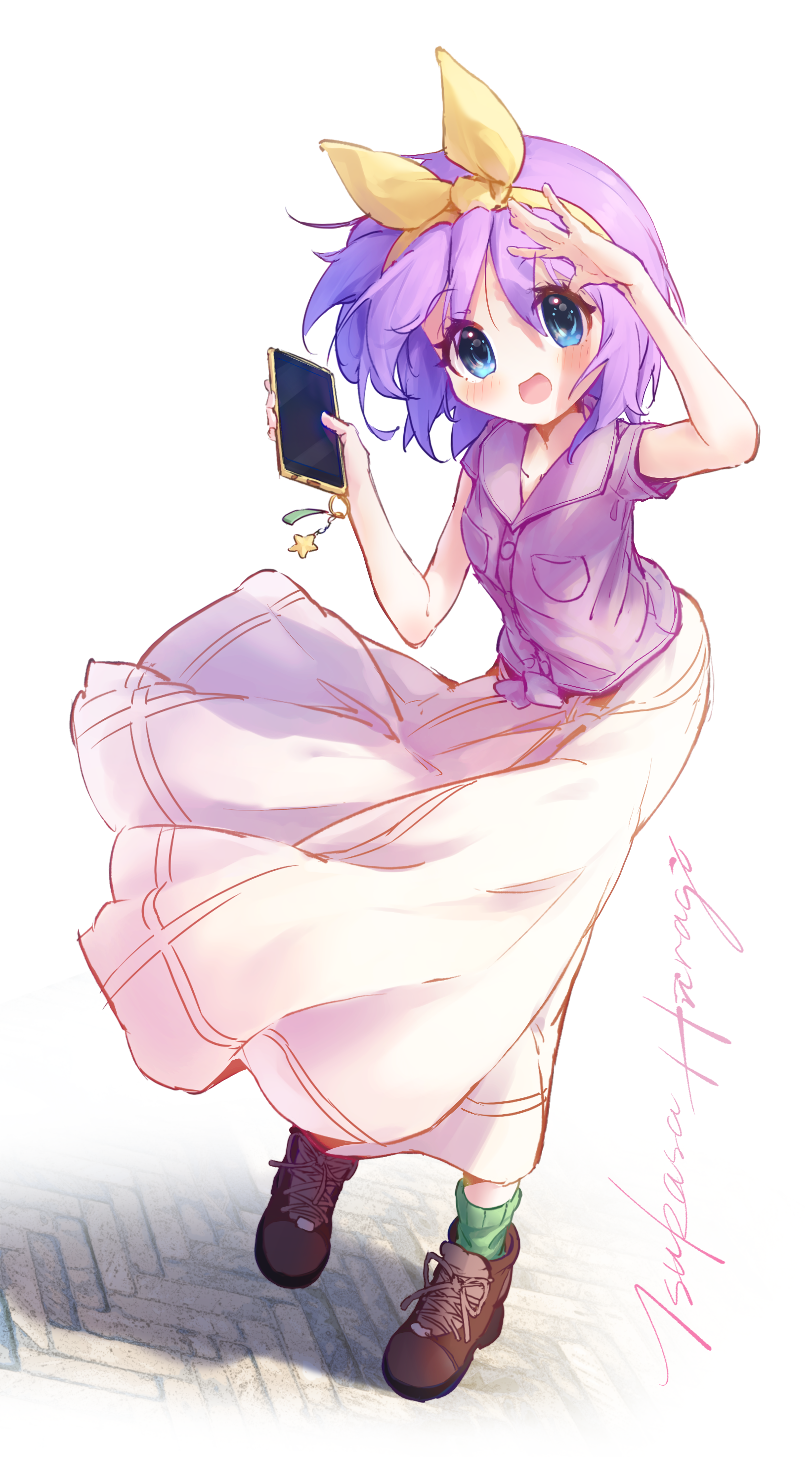 1girl absurdres ankle_socks ap04astral blue_eyes blush boots bow breasts brown_boots buttons cellphone_charm character_name charm_(object) chinese_commentary collarbone collared_shirt commentary_request cursive dress_shirt full_body green_socks hair_between_eyes hair_bow hairband hand_up highres hiiragi_tsukasa holding holding_phone long_skirt looking_at_viewer lucky_star medium_hair open_mouth partial_commentary pavement phone pocket purple_hair purple_shirt shirt shoelaces short_sleeves simple_background skirt small_breasts socks solo standing star_charm tareme white_background white_skirt wind yellow_bow yellow_hairband