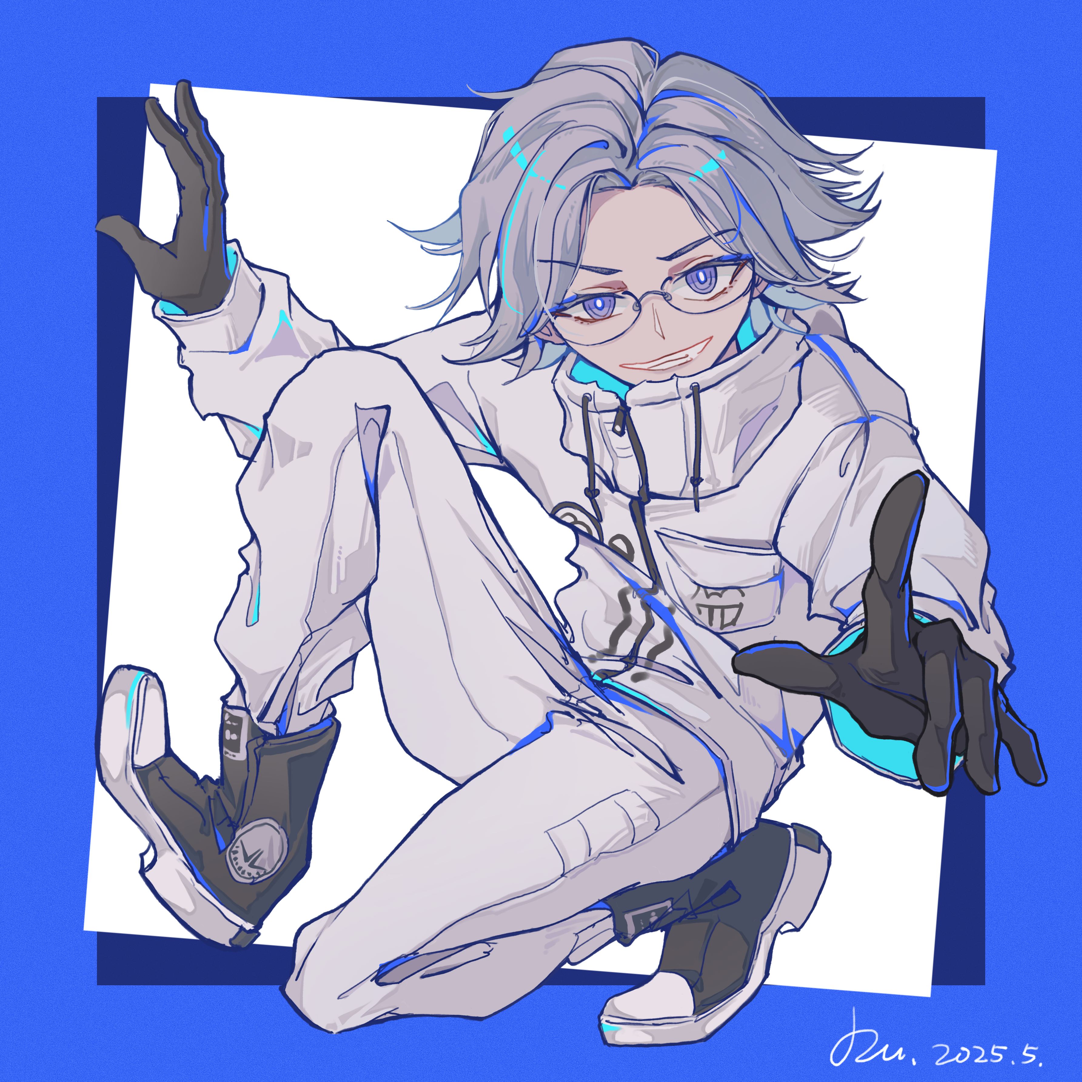 absurdres aotsuki_eito black_gloves black_shoes blue_background blue_border border breast_pocket dated drawstring du_da_la evil_grin evil_smile gloves grin hand_up highres male_focus outside_border outstretched_arm outstretched_hand pocket pointing pointing_at_viewer purple_eyes shoes smile square the_hundred_line_-last_defense_academy- two-tone_background white_background zipper