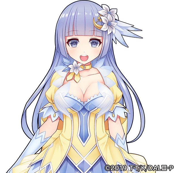 1girl blue_eyes blue_hair blunt_bangs breasts cleavage crescent crescent_hair_ornament date_a_live dress edamame_senpai elbow_gloves flower gloves hair_flower hair_ornament izayoi_miku large_breasts long_hair looking_at_viewer official_art open_mouth puffy_short_sleeves puffy_sleeves short_sleeves smile solo upper_body vivid_army yellow_dress