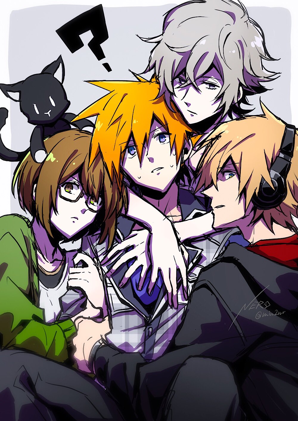 1girl 3boys arms_around_neck bito_daisukenojo black_hoodie blonde_hair blue_eyes brown_hair eme_(204) eyebrows glaring glasses green_eyes green_jacket grey_hair grey_jacket headphones highres hood hooded_jacket hoodie jacket kiryu_yoshiya misaki_shiki multiple_boys nyantan orange_hair plaid_clothes plaid_jacket protecting purple_shirt rectangular_eyewear sakuraba_neku shin_subarashiki_kono_sekai shirt spiked_hair stuffed_animal stuffed_cat stuffed_toy subarashiki_kono_sekai sweat sweatdrop wavy_hair