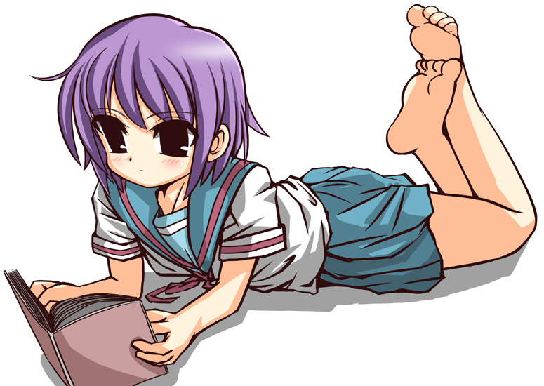 00s 1girl barefoot book crossed_legs female_focus full_body johnmaru lying nagato_yuki on_stomach open_book purple_hair reading school_uniform serafuku short_hair simple_background skirt soles solo suzumiya_haruhi_no_yuuutsu white_background