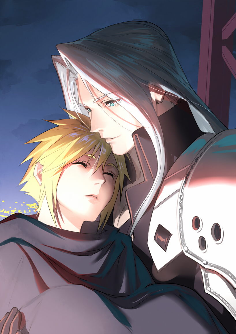 2boys armor black_cloak black_gloves black_jacket blonde_hair carrying cloak closed_eyes cloud cloud_strife cloudy_sky eilinna final_fantasy final_fantasy_vii final_fantasy_vii_remake gloves green_eyes grey_hair hair_between_eyes high_collar jacket long_bangs long_hair male_focus multiple_boys night night_sky parted_bangs princess_carry rooftop sephiroth short_hair shoulder_armor sky spiked_hair unconscious upper_body yaoi